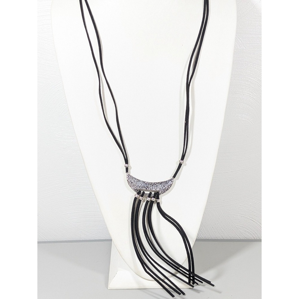 Black Cord Crescent Moon Fringe Necklace Silver Tone Western Gothic Boho